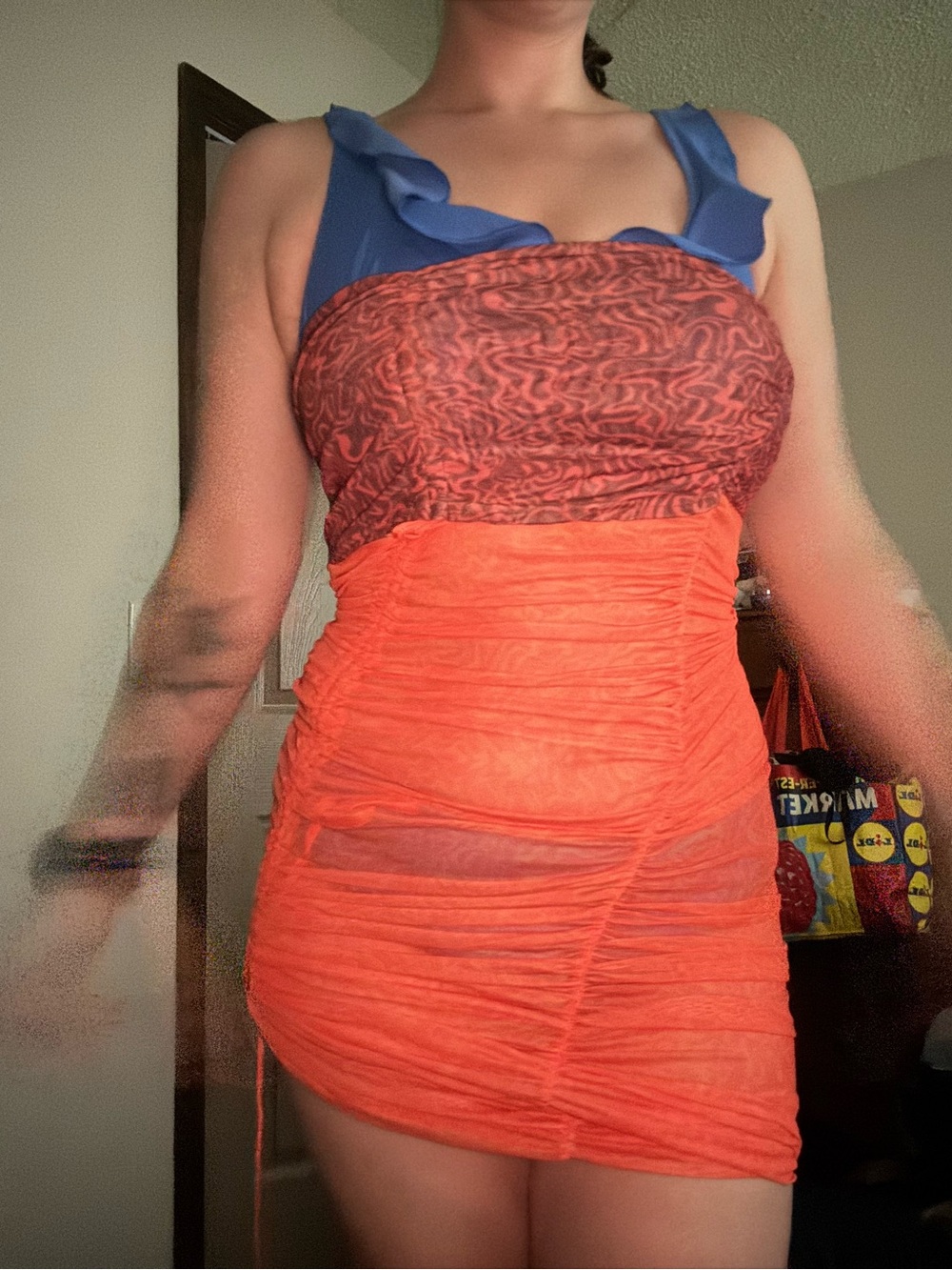Dolls Kill Blue and Orange Ruched Swim Coverup Dress